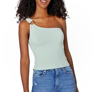 BB DAKOTA Just Ring It Ribbed One Shoulder Crop Top Light Green Size Med…